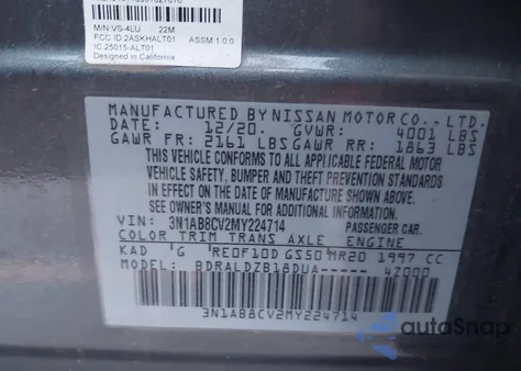 2021 Nissan Sentra Sv Xtronic Cvt из США, поврежденный, VIN 3N1AB8CV2MY224714